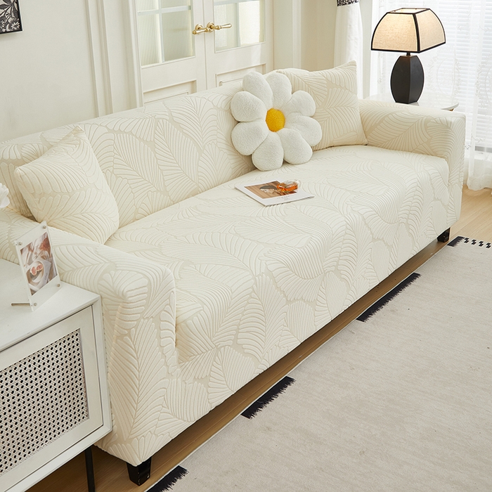 91家纺网 家纺一手货源 找家纺 丝绮鹿 2025新款雕花绒大叶子沙发套松紧款（三人图） 米白