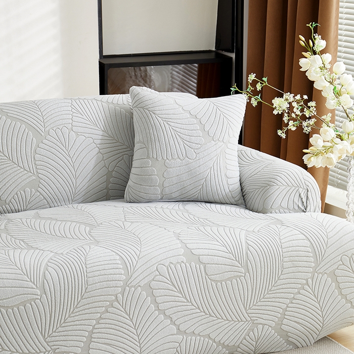 91家纺网 家纺一手货源 找家纺 丝绮鹿 2025新款雕花绒大叶子沙发套松紧款（直排） 浅灰