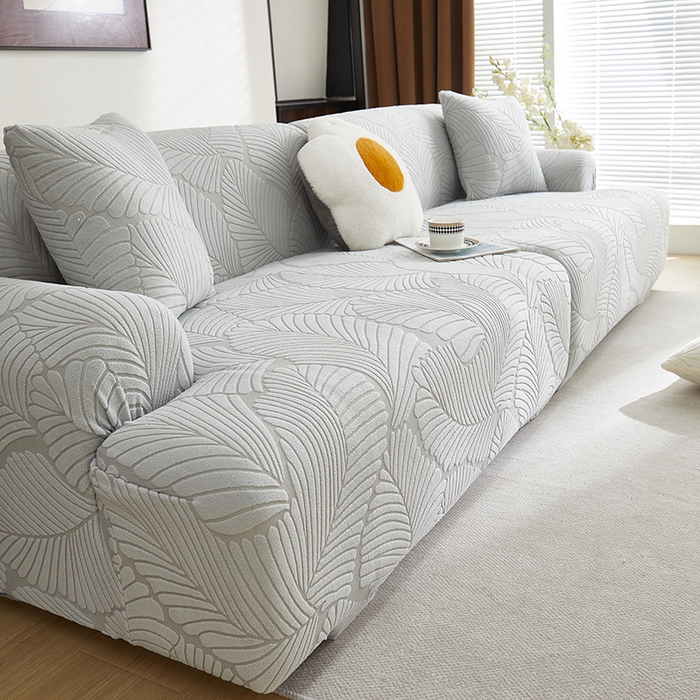 91家纺网 家纺一手货源 找家纺 丝绮鹿 2025新款雕花绒大叶子沙发套松紧款（直排） 浅灰