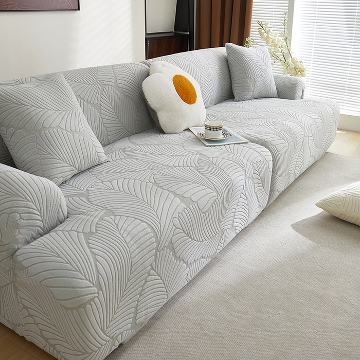 91家纺网 家纺一手货源 找家纺 丝绮鹿 2025新款雕花绒大叶子沙发套松紧款（直排） 浅灰