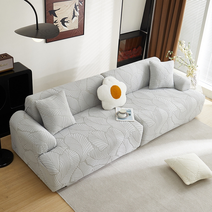 91家纺网 家纺一手货源 找家纺 丝绮鹿 2025新款雕花绒大叶子沙发套松紧款（直排） 浅灰