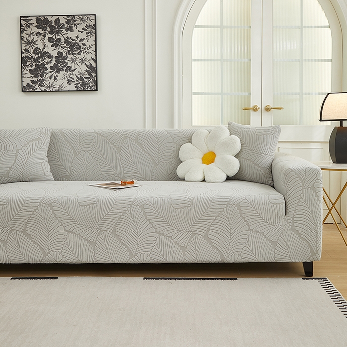 91家纺网 家纺一手货源 找家纺 丝绮鹿 2025新款雕花绒大叶子沙发套松紧款（三人图） 浅灰