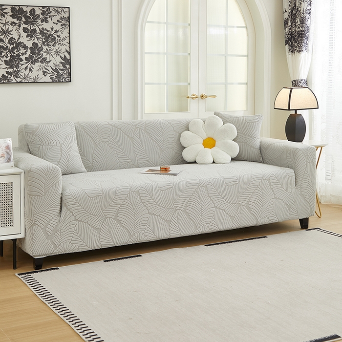 91家纺网 家纺一手货源 找家纺 丝绮鹿 2025新款雕花绒大叶子沙发套松紧款（三人图） 浅灰