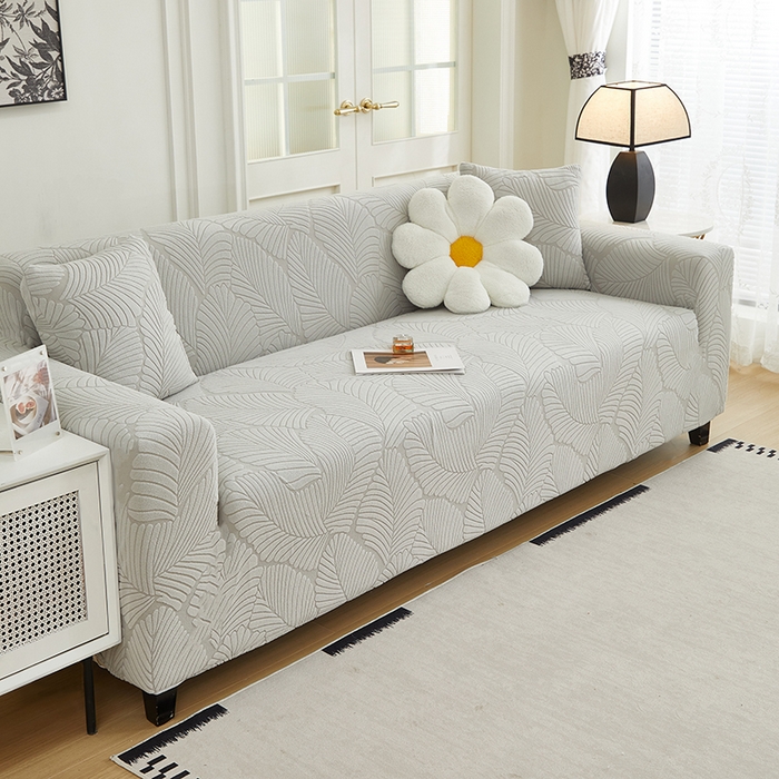 91家纺网 家纺一手货源 找家纺 丝绮鹿 2025新款雕花绒大叶子沙发套松紧款（三人图） 浅灰