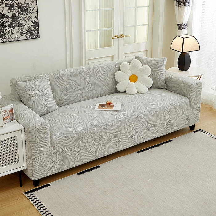 91家纺网 家纺一手货源 找家纺 丝绮鹿 2025新款雕花绒大叶子沙发套松紧款（三人图） 浅灰