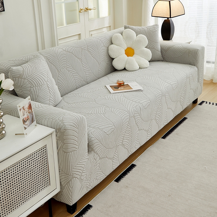 91家纺网 家纺一手货源 找家纺 丝绮鹿 2025新款雕花绒大叶子沙发套松紧款（三人图） 浅灰