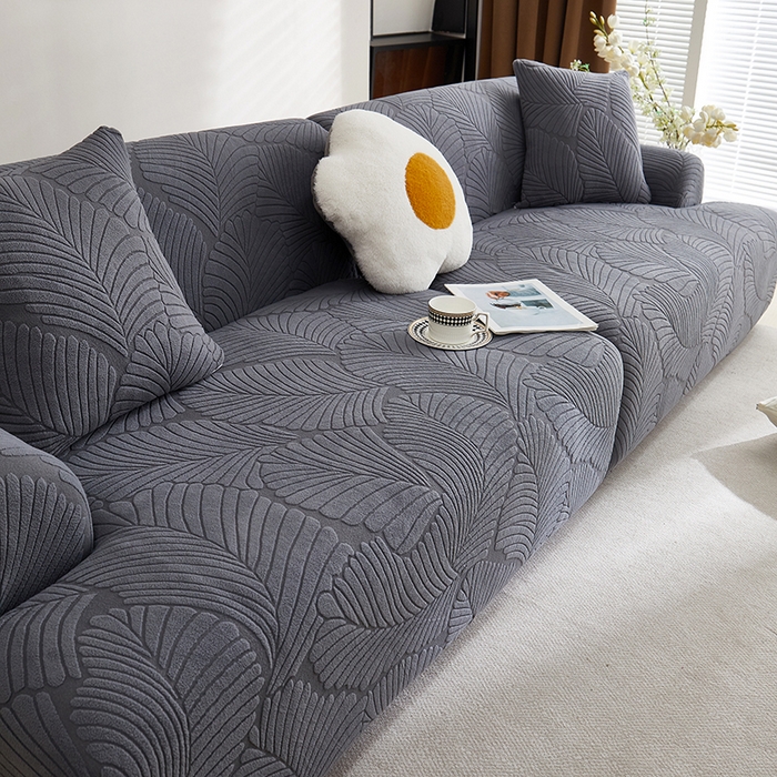 91家纺网 家纺一手货源 找家纺 丝绮鹿 2025新款雕花绒大叶子沙发套松紧款（直排） 深灰