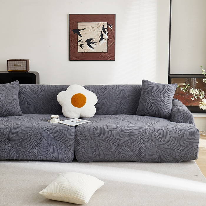 91家纺网 家纺一手货源 找家纺 丝绮鹿 2025新款雕花绒大叶子沙发套松紧款（直排） 深灰