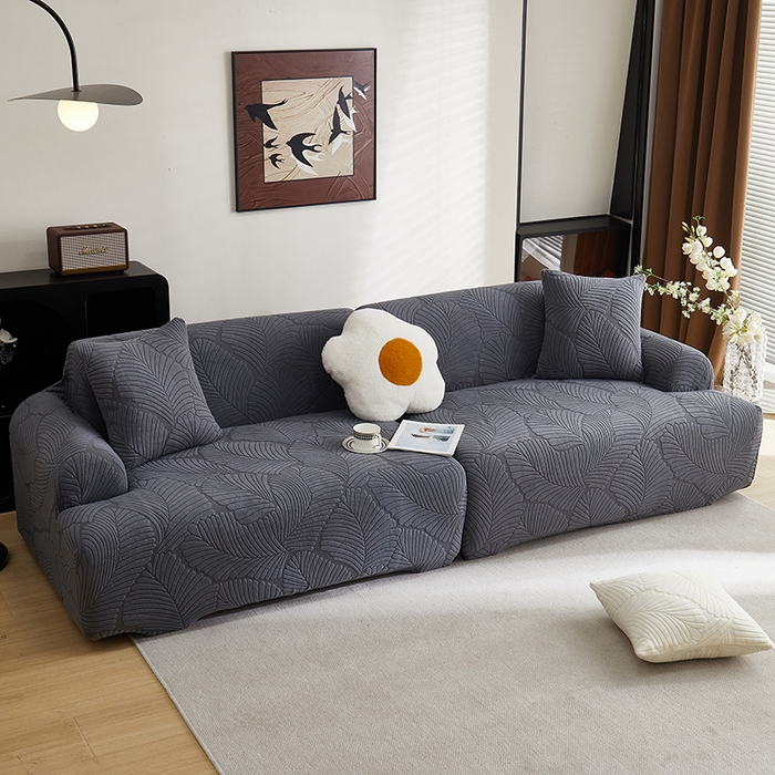 91家纺网 家纺一手货源 找家纺 丝绮鹿 2025新款雕花绒大叶子沙发套松紧款（直排） 深灰