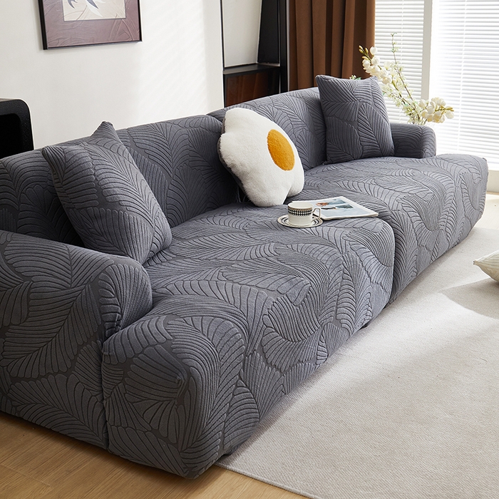 91家纺网 家纺一手货源 找家纺 丝绮鹿 2025新款雕花绒大叶子沙发套松紧款（直排） 深灰