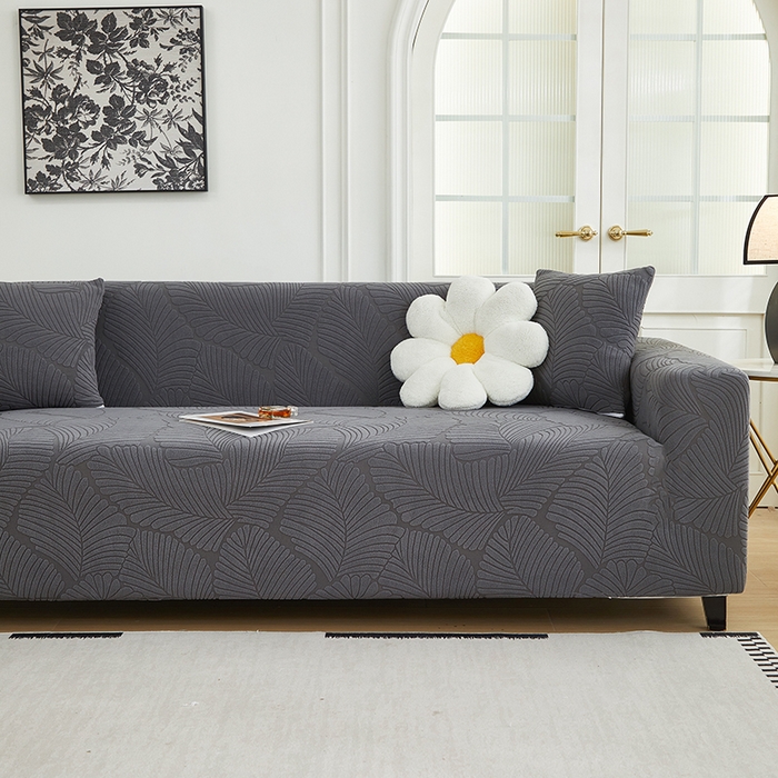 91家纺网 家纺一手货源 找家纺 丝绮鹿 2025新款雕花绒大叶子沙发套松紧款（三人图） 深灰