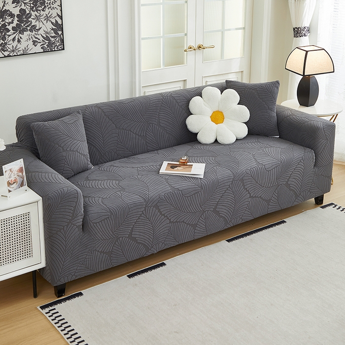 91家纺网 家纺一手货源 找家纺 丝绮鹿 2025新款雕花绒大叶子沙发套松紧款（三人图） 深灰