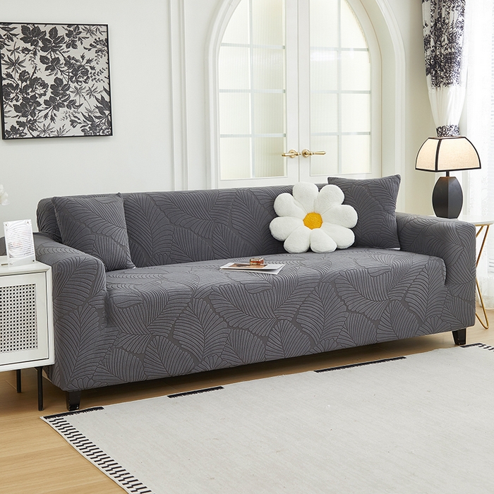 91家纺网 家纺一手货源 找家纺 丝绮鹿 2025新款雕花绒大叶子沙发套松紧款（三人图） 深灰