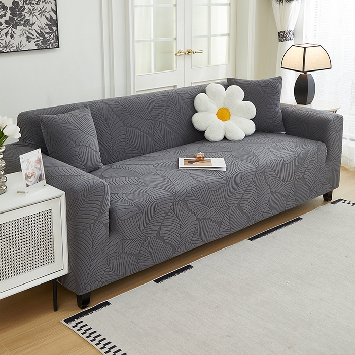 91家纺网 家纺一手货源 找家纺 丝绮鹿 2025新款雕花绒大叶子沙发套松紧款（三人图） 深灰