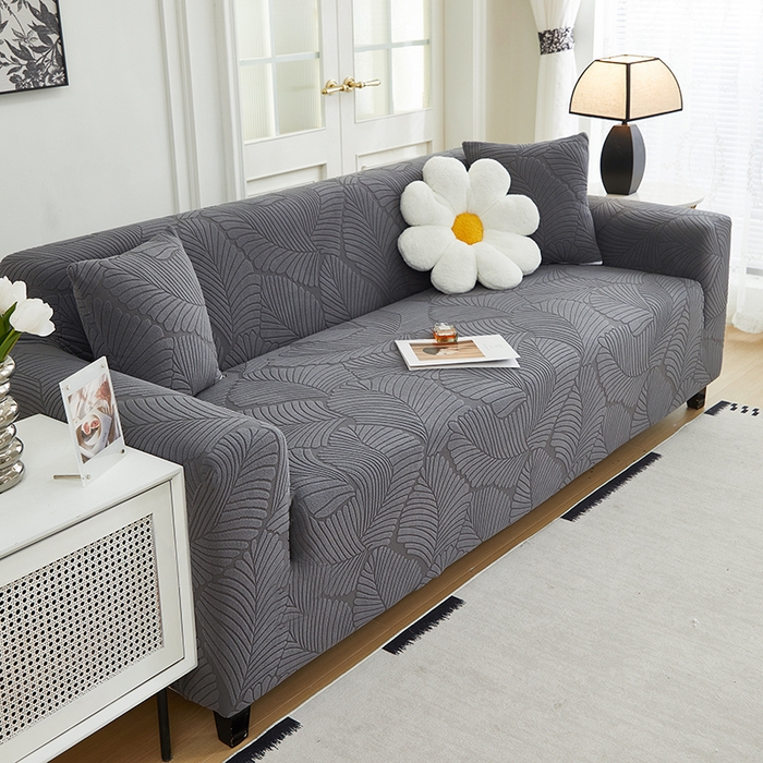 91家纺网 家纺一手货源 找家纺 丝绮鹿 2025新款雕花绒大叶子沙发套松紧款（三人图） 深灰