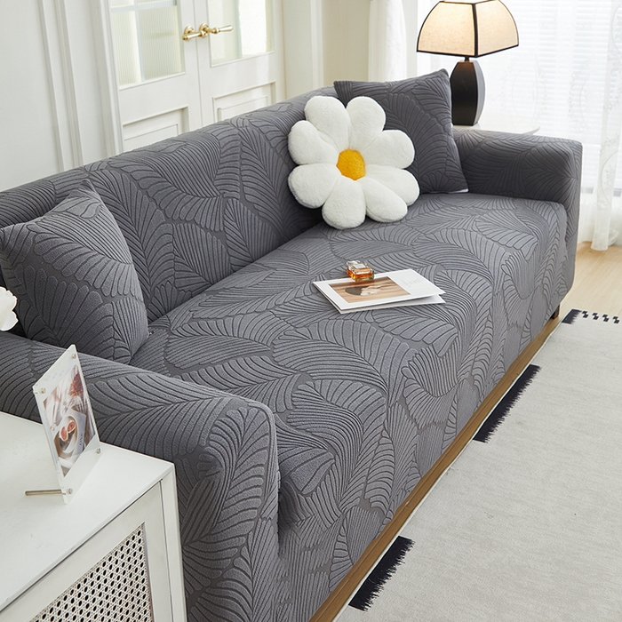 91家纺网 家纺一手货源 找家纺 丝绮鹿 2025新款雕花绒大叶子沙发套松紧款（三人图） 深灰