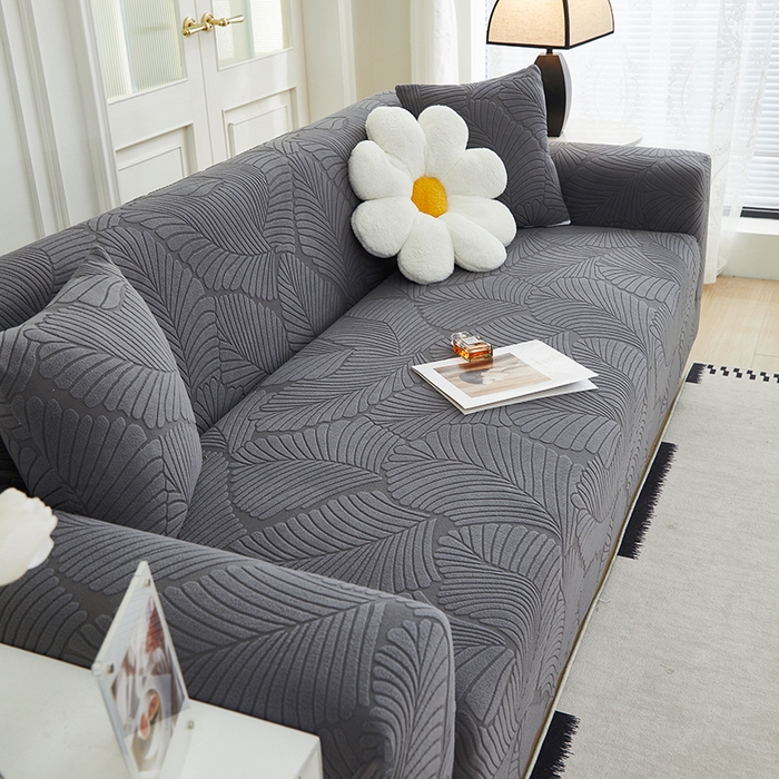 91家纺网 家纺一手货源 找家纺 丝绮鹿 2025新款雕花绒大叶子沙发套松紧款（三人图） 深灰