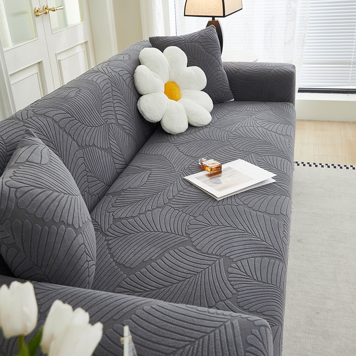 91家纺网 家纺一手货源 找家纺 丝绮鹿 2025新款雕花绒大叶子沙发套松紧款（三人图） 深灰