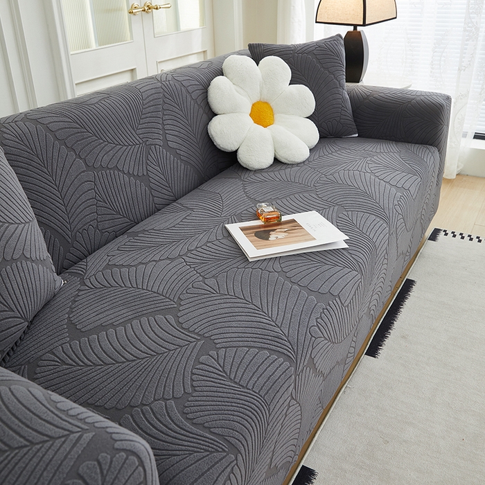 91家纺网 家纺一手货源 找家纺 丝绮鹿 2025新款雕花绒大叶子沙发套松紧款（三人图） 深灰