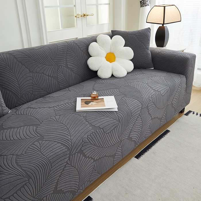 91家纺网 家纺一手货源 找家纺 丝绮鹿 2025新款雕花绒大叶子沙发套松紧款（三人图） 深灰