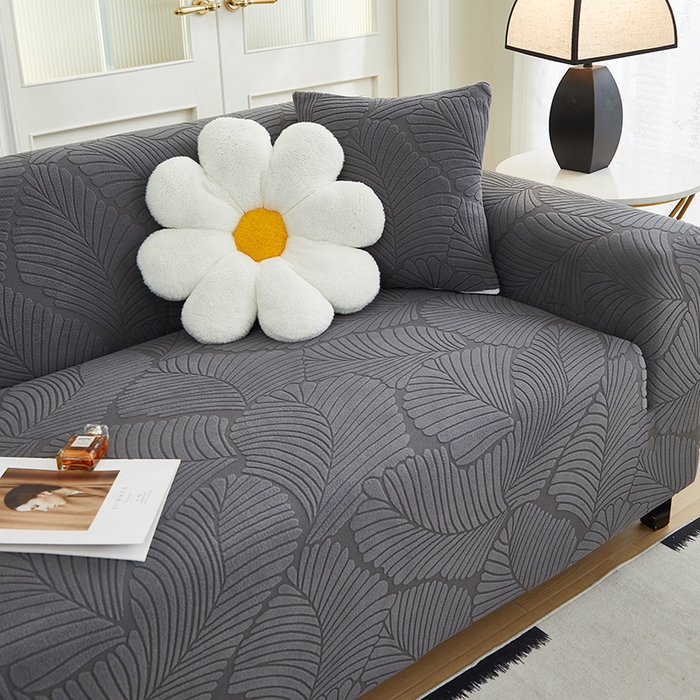 91家纺网 家纺一手货源 找家纺 丝绮鹿 2025新款雕花绒大叶子沙发套松紧款（三人图） 深灰
