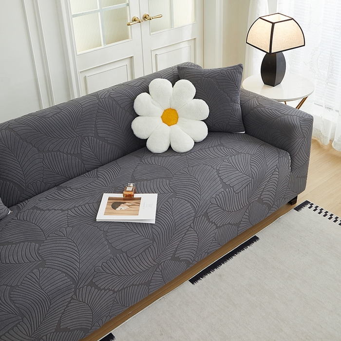 91家纺网 家纺一手货源 找家纺 丝绮鹿 2025新款雕花绒大叶子沙发套松紧款（三人图） 深灰