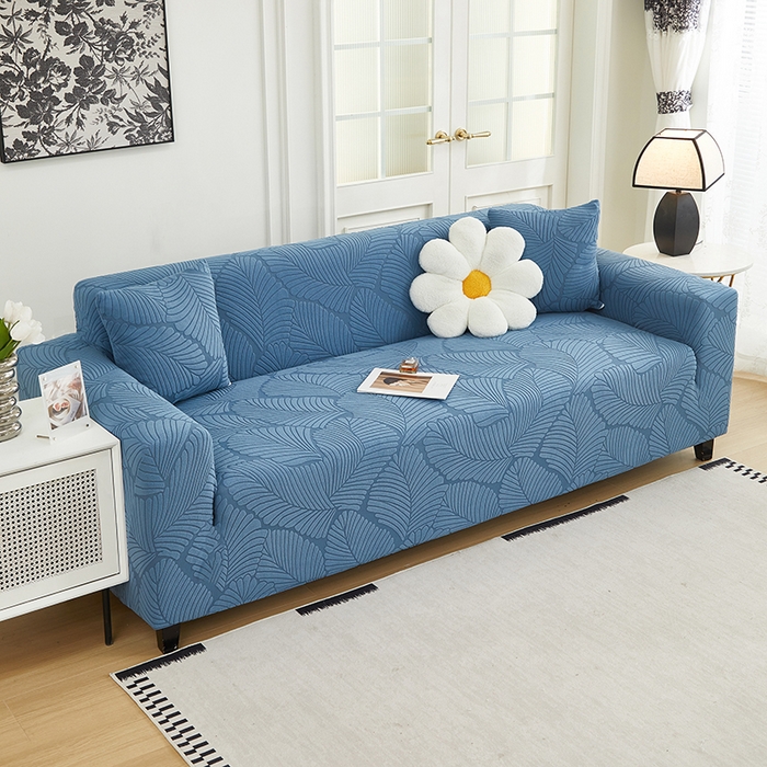 91家纺网 家纺一手货源 找家纺 丝绮鹿 2025新款雕花绒大叶子沙发套松紧款（三人图） 水蓝