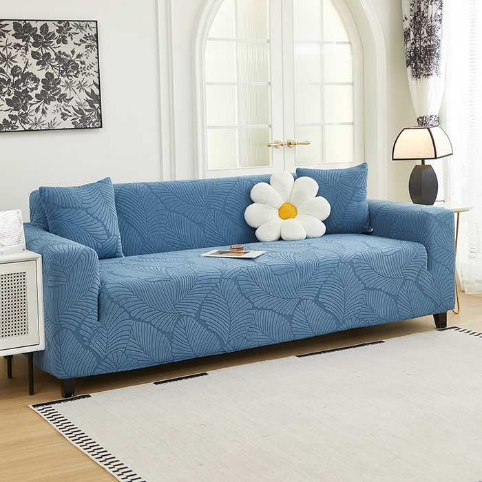 91家纺网 家纺一手货源 找家纺 丝绮鹿 2025新款雕花绒大叶子沙发套松紧款（三人图） 水蓝