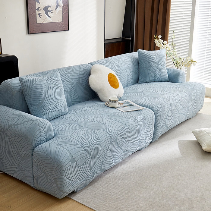 91家纺网 家纺一手货源 找家纺 丝绮鹿 2025新款雕花绒大叶子沙发套松紧款（直排） 雾霾蓝