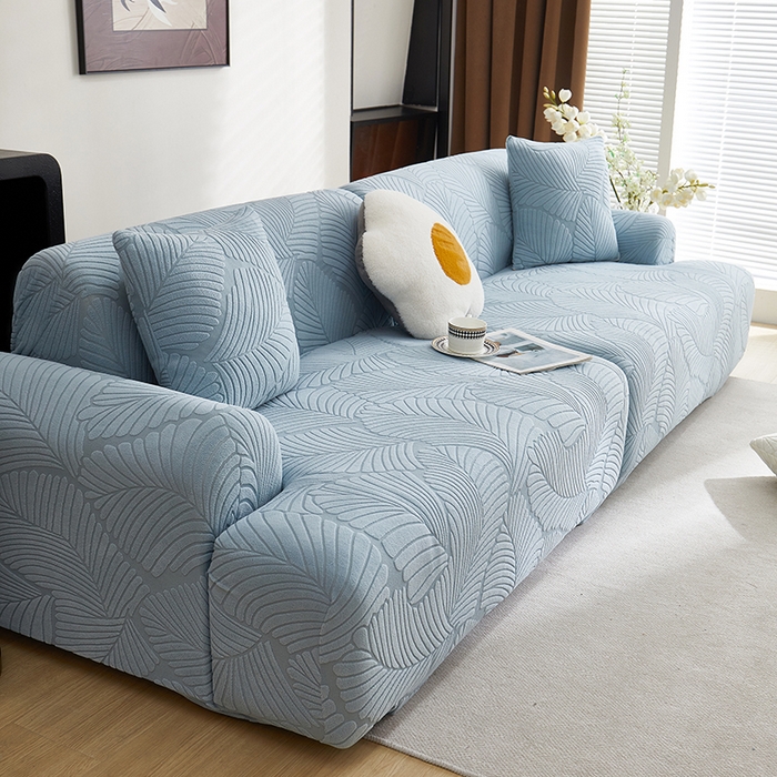 91家纺网 家纺一手货源 找家纺 丝绮鹿 2025新款雕花绒大叶子沙发套松紧款（直排） 雾霾蓝