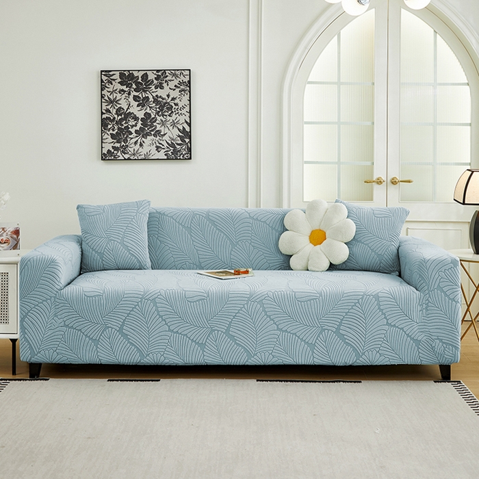 丝绮鹿 2025新款雕花绒大叶子沙发套松紧款（三人图） 雾霾蓝