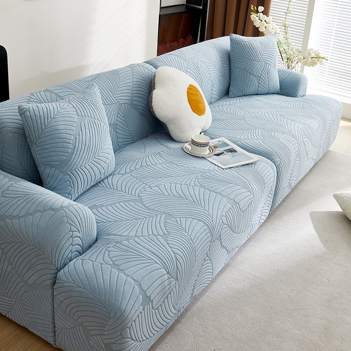 91家纺网 家纺一手货源 找家纺 丝绮鹿 2025新款雕花绒大叶子沙发套松紧款（直排） 雾霾蓝