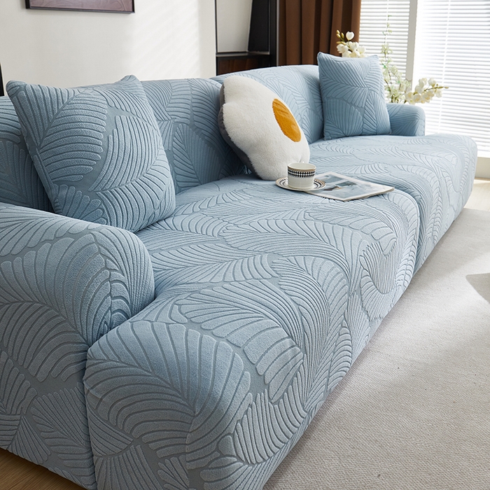 91家纺网 家纺一手货源 找家纺 丝绮鹿 2025新款雕花绒大叶子沙发套松紧款（直排） 雾霾蓝
