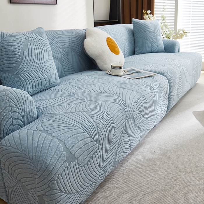 91家纺网 家纺一手货源 找家纺 丝绮鹿 2025新款雕花绒大叶子沙发套松紧款（直排） 雾霾蓝