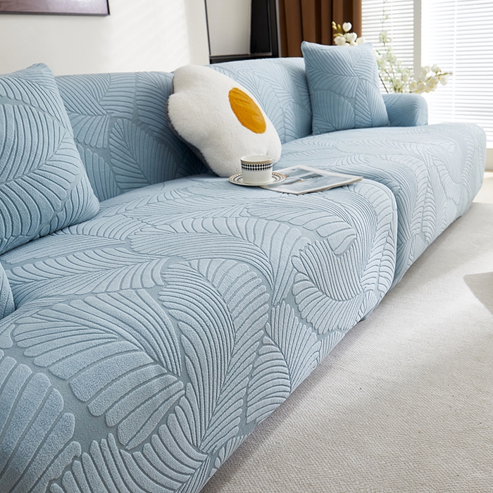 91家纺网 家纺一手货源 找家纺 丝绮鹿 2025新款雕花绒大叶子沙发套松紧款（直排） 雾霾蓝