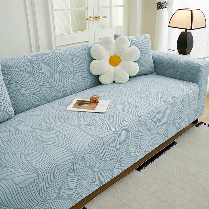 91家纺网 家纺一手货源 找家纺 丝绮鹿 2025新款雕花绒大叶子沙发套松紧款（三人图） 雾霾蓝