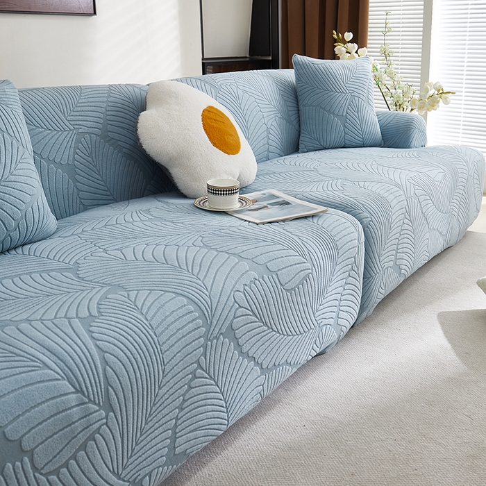 91家纺网 家纺一手货源 找家纺 丝绮鹿 2025新款雕花绒大叶子沙发套松紧款（直排） 雾霾蓝