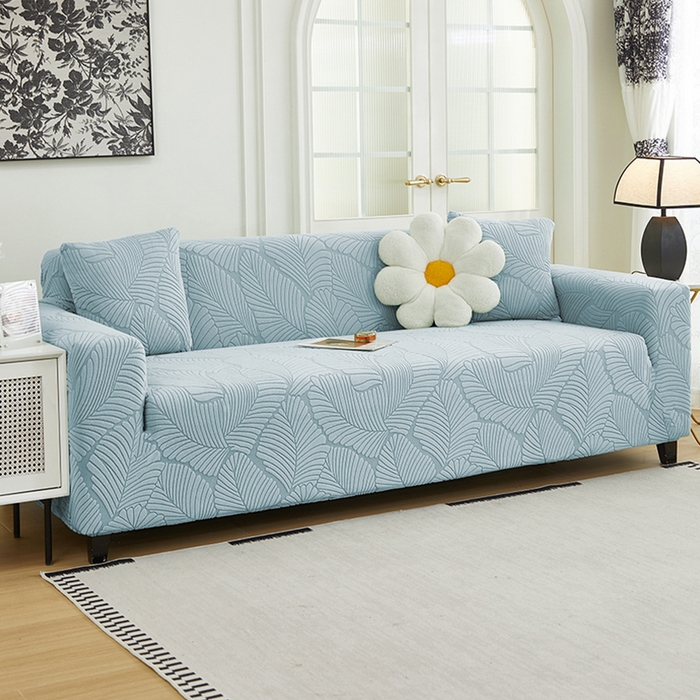 91家纺网 家纺一手货源 找家纺 丝绮鹿 2025新款雕花绒大叶子沙发套松紧款（三人图） 雾霾蓝