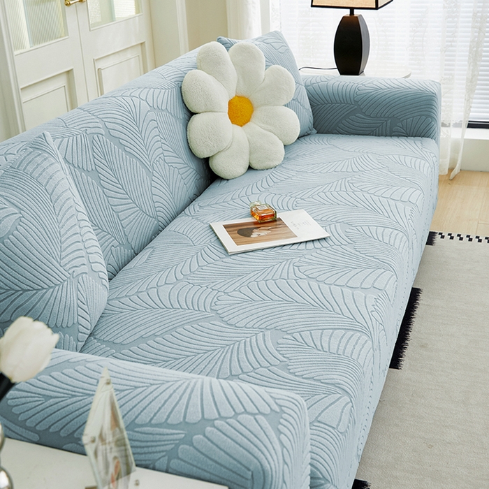 91家纺网 家纺一手货源 找家纺 丝绮鹿 2025新款雕花绒大叶子沙发套松紧款（三人图） 雾霾蓝