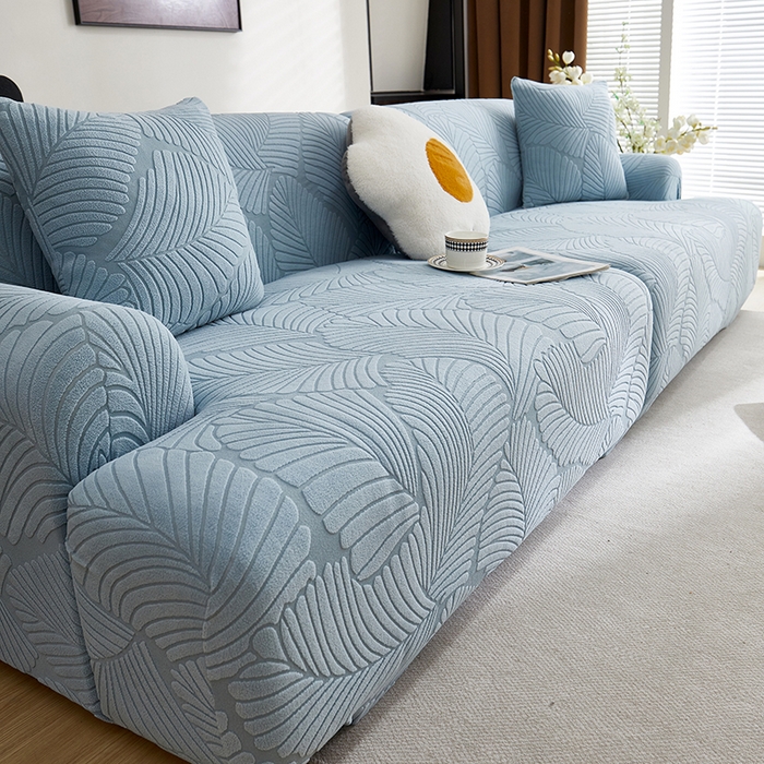 91家纺网 家纺一手货源 找家纺 丝绮鹿 2025新款雕花绒大叶子沙发套松紧款（直排） 雾霾蓝