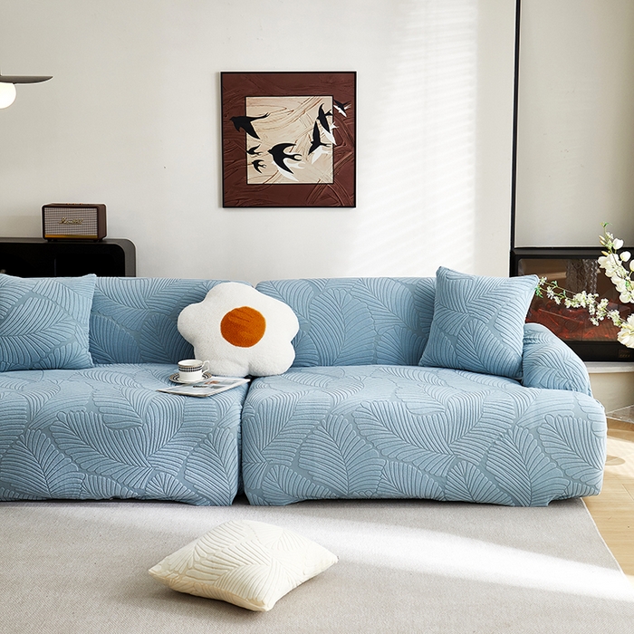 91家纺网 家纺一手货源 找家纺 丝绮鹿 2025新款雕花绒大叶子沙发套松紧款（直排） 雾霾蓝