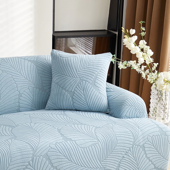 91家纺网 家纺一手货源 找家纺 丝绮鹿 2025新款雕花绒大叶子沙发套松紧款（直排） 雾霾蓝