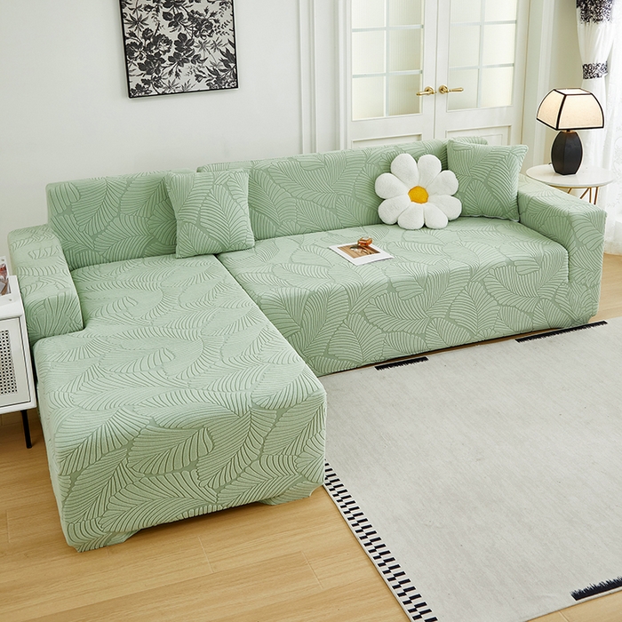 91家纺网 家纺一手货源 找家纺 丝绮鹿 2025新款雕花绒大叶子沙发套松紧款（贵妃图新） 薄荷绿