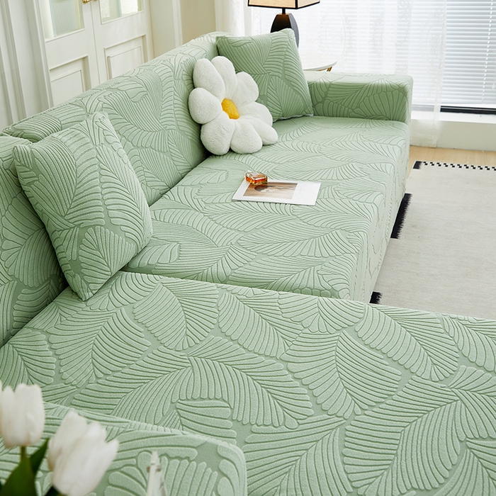 91家纺网 家纺一手货源 找家纺 丝绮鹿 2025新款雕花绒大叶子沙发套松紧款（贵妃图新） 薄荷绿