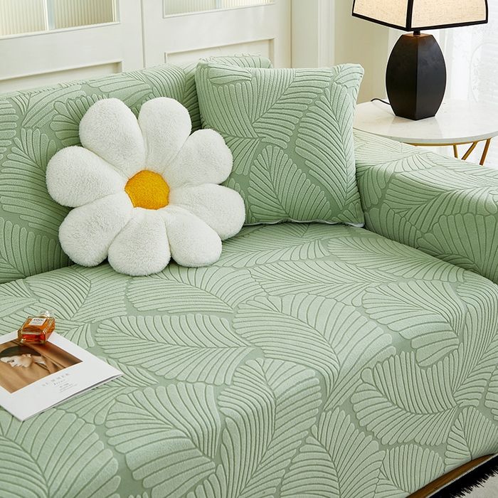 91家纺网 家纺一手货源 找家纺 丝绮鹿 2025新款雕花绒大叶子沙发套松紧款（贵妃图新） 薄荷绿