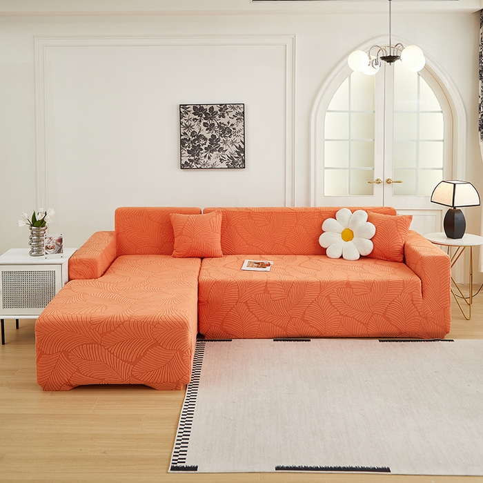 91家纺网 家纺一手货源 找家纺 丝绮鹿 2025新款雕花绒大叶子沙发套松紧款（贵妃图新） 橙色