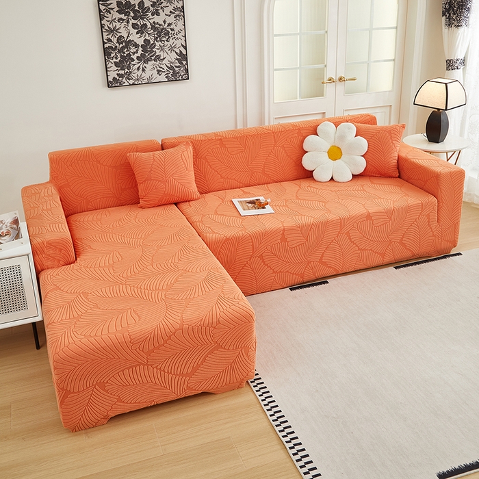 91家纺网 家纺一手货源 找家纺 丝绮鹿 2025新款雕花绒大叶子沙发套松紧款（贵妃图新） 橙色
