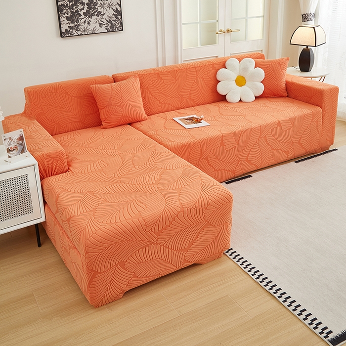 91家纺网 家纺一手货源 找家纺 丝绮鹿 2025新款雕花绒大叶子沙发套松紧款（贵妃图新） 橙色
