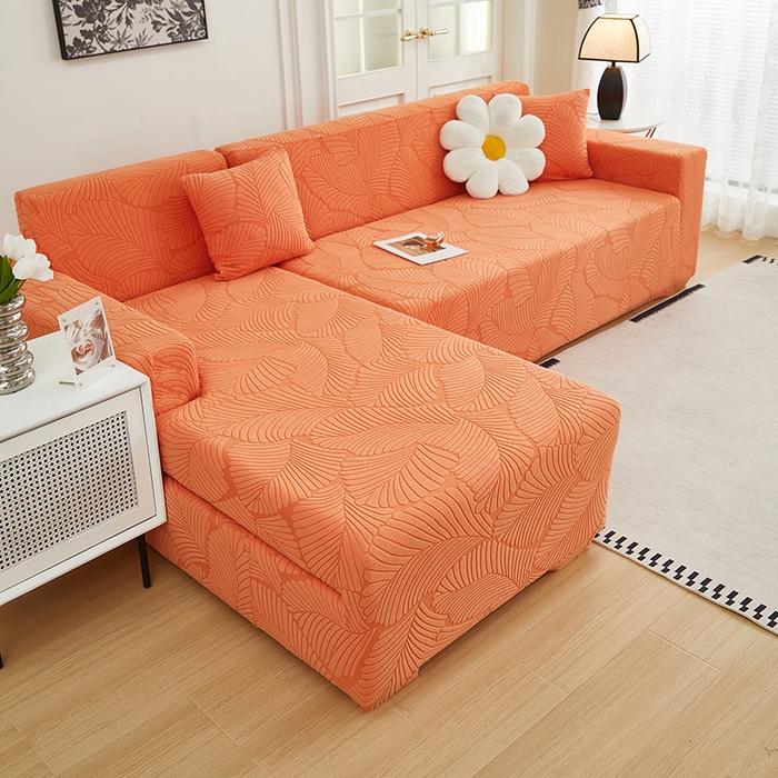 91家纺网 家纺一手货源 找家纺 丝绮鹿 2025新款雕花绒大叶子沙发套松紧款（贵妃图新） 橙色