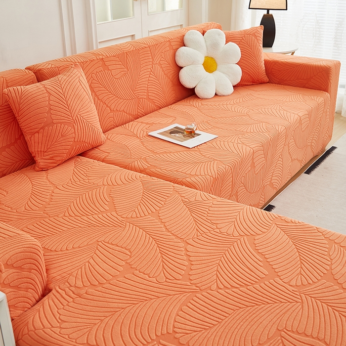 91家纺网 家纺一手货源 找家纺 丝绮鹿 2025新款雕花绒大叶子沙发套松紧款（贵妃图新） 橙色